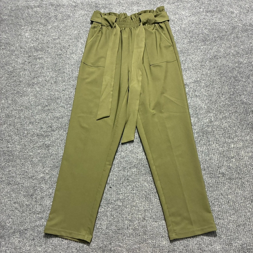 Grace Karin Womens Cropped Pants Medium Green Paperbag‎ Waist Belted High Rise